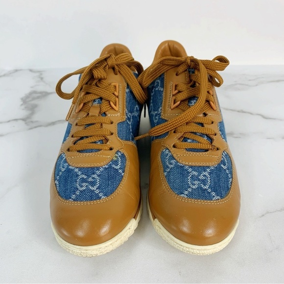 GUCCI GG Denim Monogram Cognac Calfskin Leather Sneakers 38.5 - Picture 3 of 15